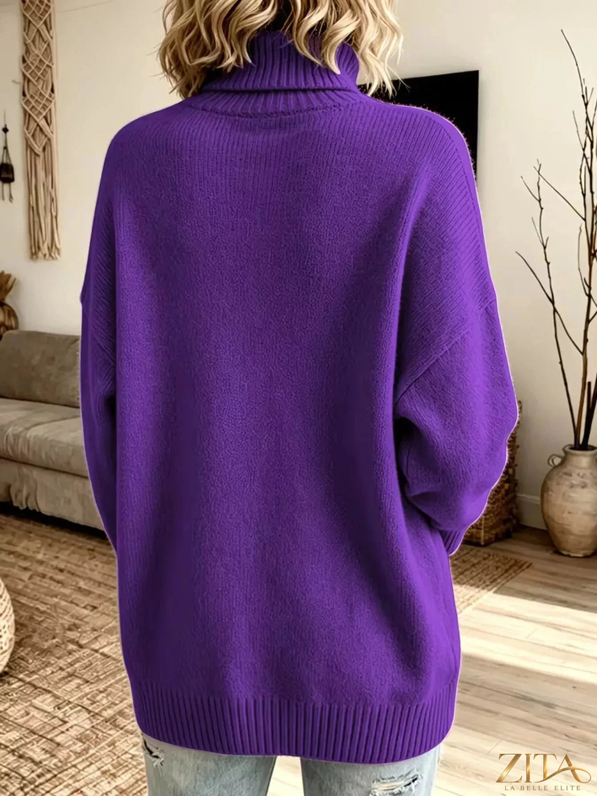 Zita La Belle Elite turtleneck dropped shoulder sweater in soft knit fabric, shown in a cozy, stylish fit with a high neckline.