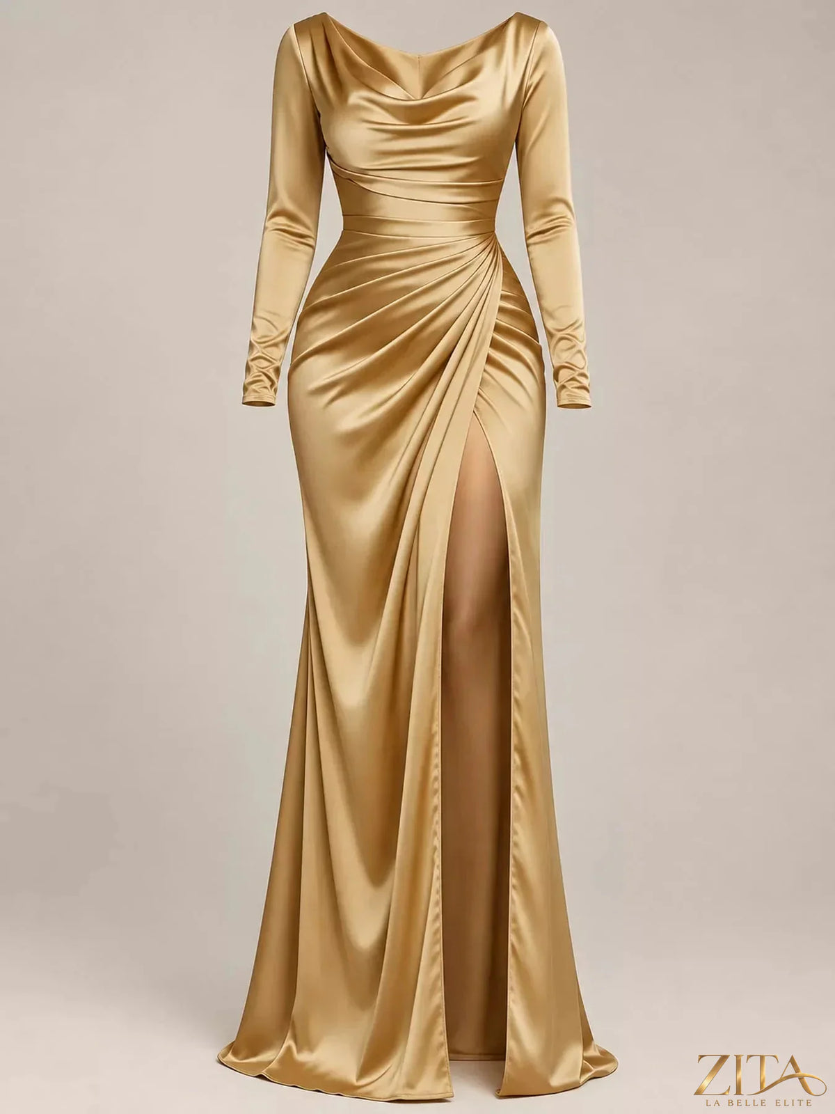 Plus size satin cowl neck evening maxi dress with high slit from Zita La Belle Elite, featuring a flowing silhouette and elegant design.