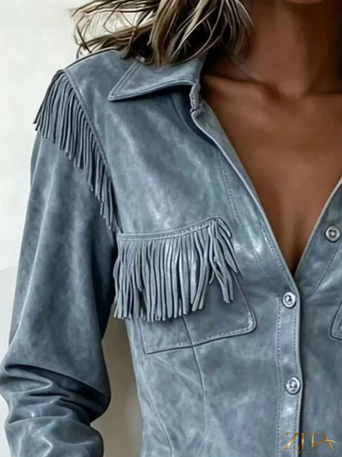 Plus size fringed snap down jacket from Trendsi featuring a full size design with fringe details and a stylish snap front.