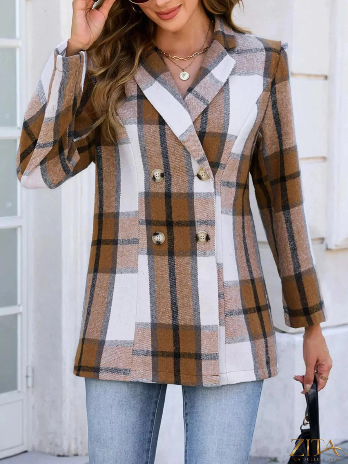 Plaid double-breasted blazer from Trendsi featuring a tailored fit, classic check pattern, and structured lapels.