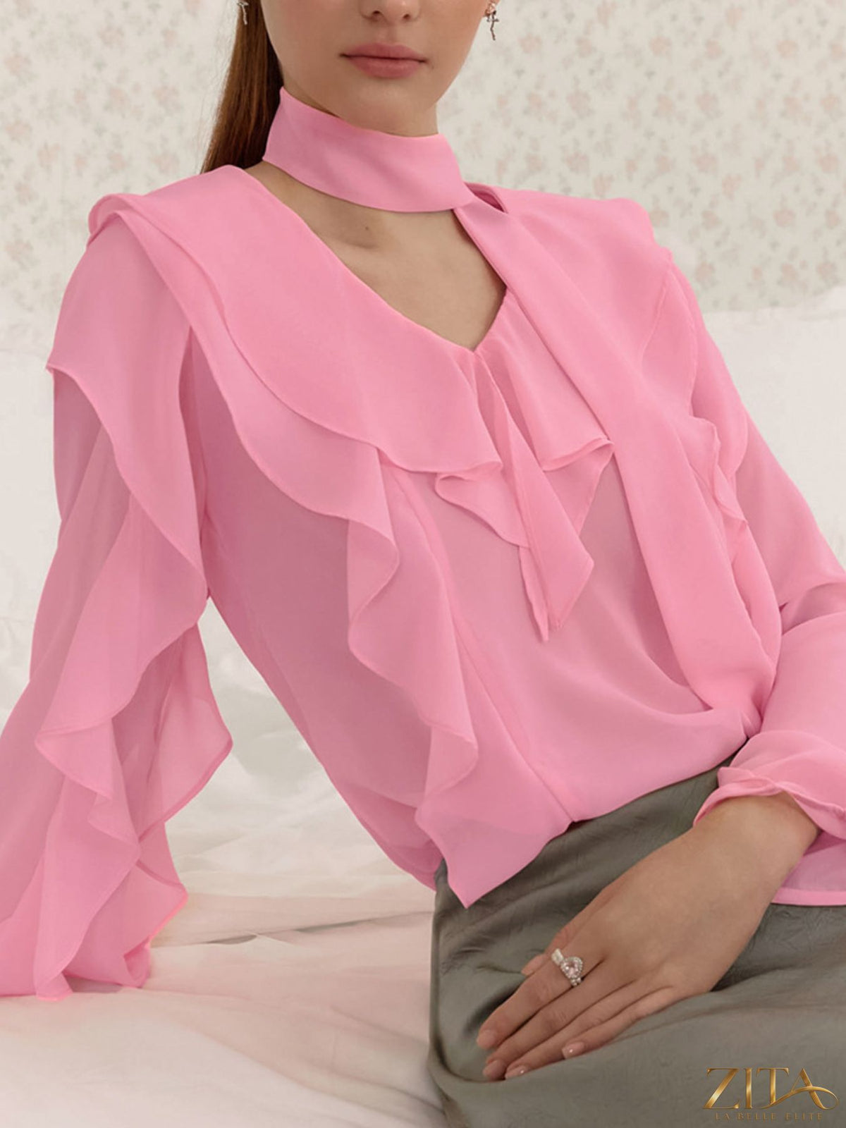 Zita La Belle Elite ruffle trim chiffon blouse with delicate ruffles, lightweight fabric, and elegant design.