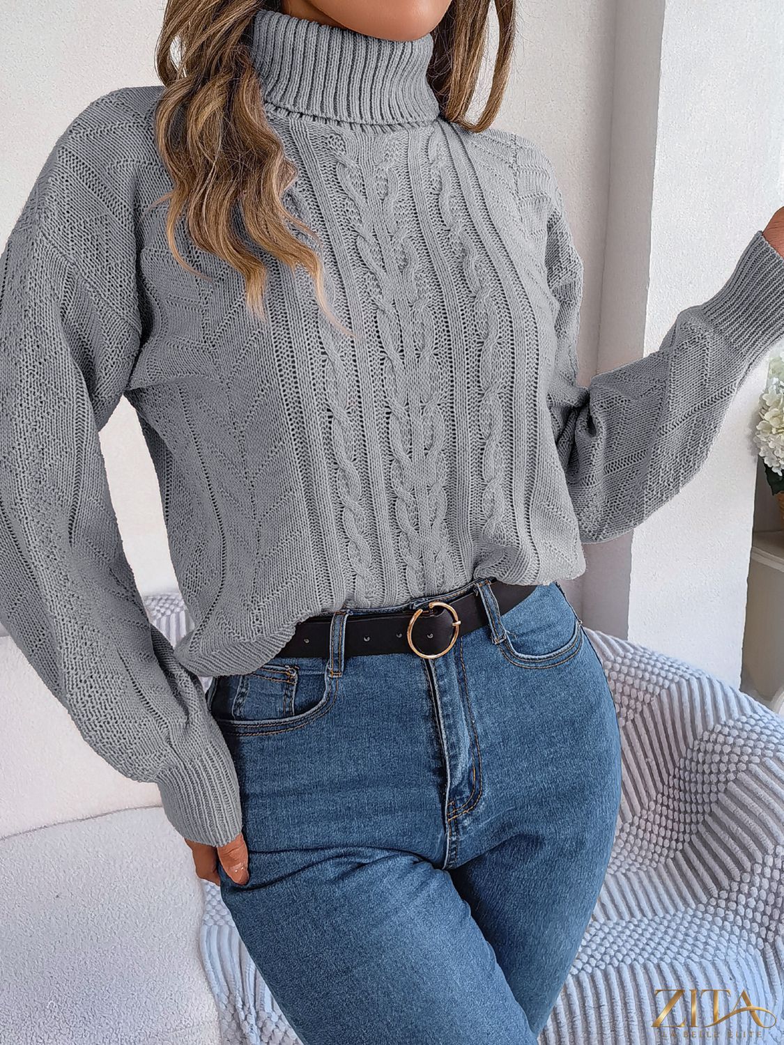 Zita La Belle Elite cable-knit turtleneck sweater in cozy, textured knit with a high collar and classic design.