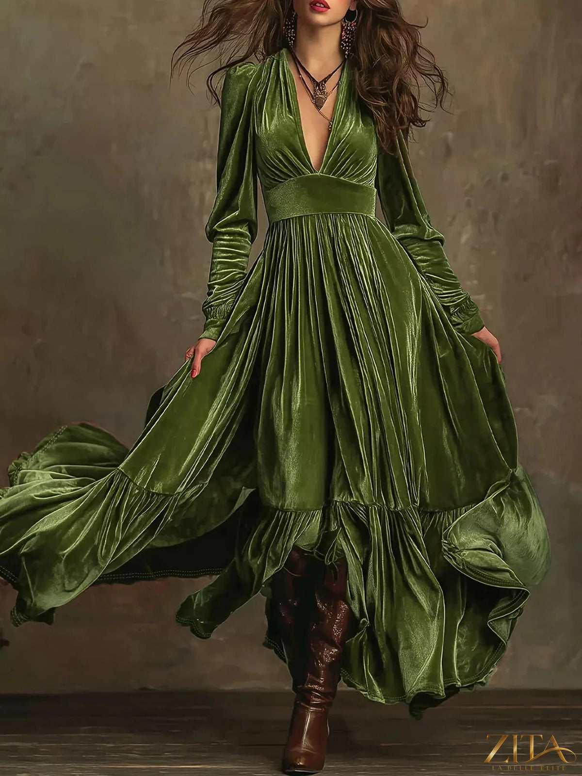 Long sleeve dress with ruffled hem by Trendsi, featuring a flowing silhouette and detailed ruffle accents in soft fabric.