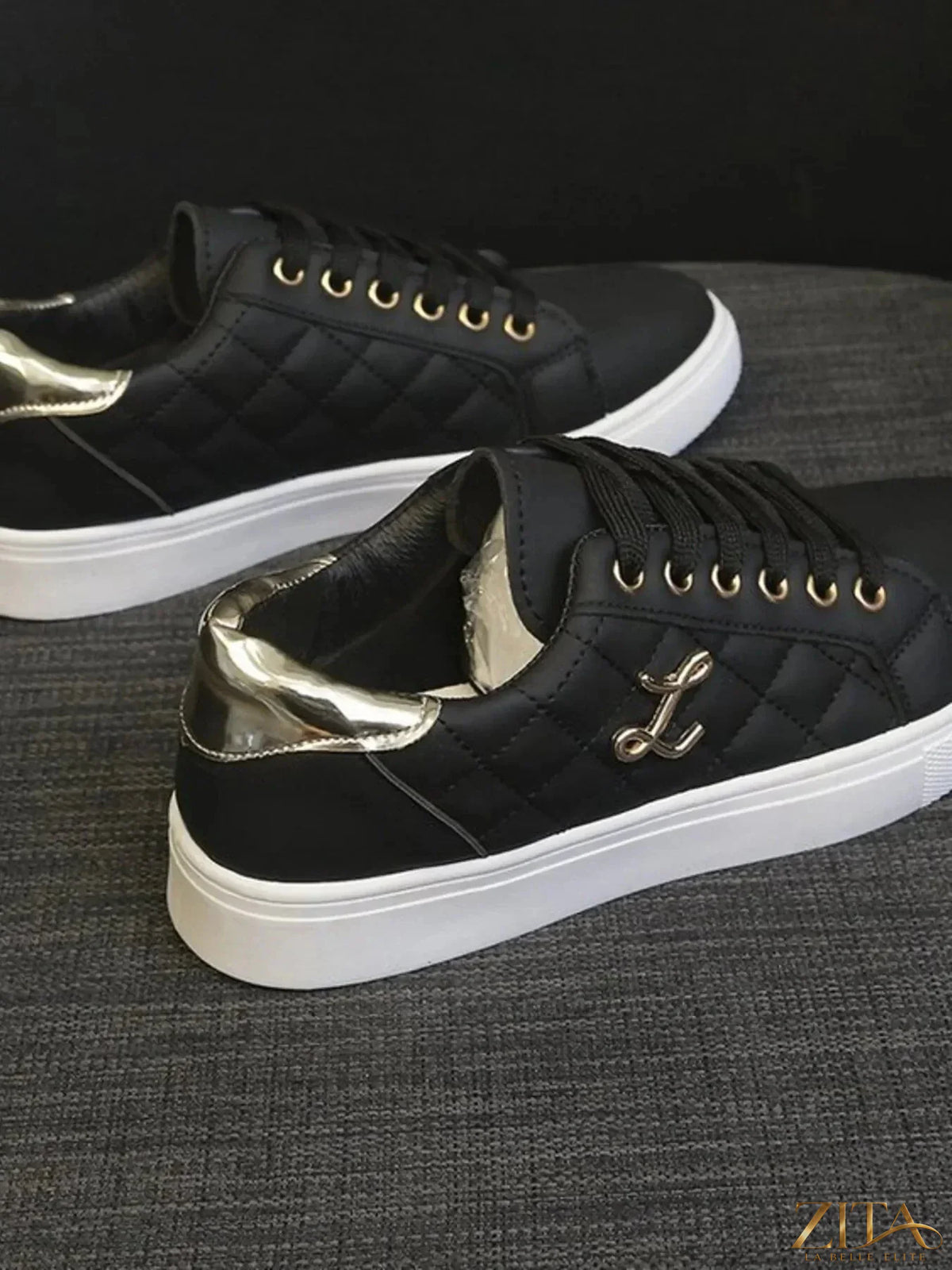 Zita La Belle Elite quilted platform sneakers with metallic gold accents, featuring a trendy chunky sole and stylish design