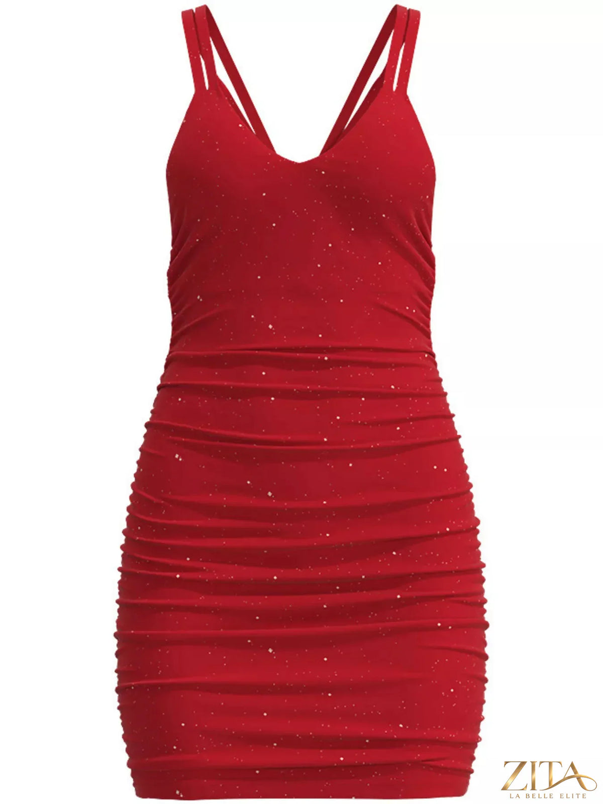 Shimmering glitter ruched bodycon mini dress from Trendsi, featuring a fitted silhouette and stylish design perfect for evening wear.