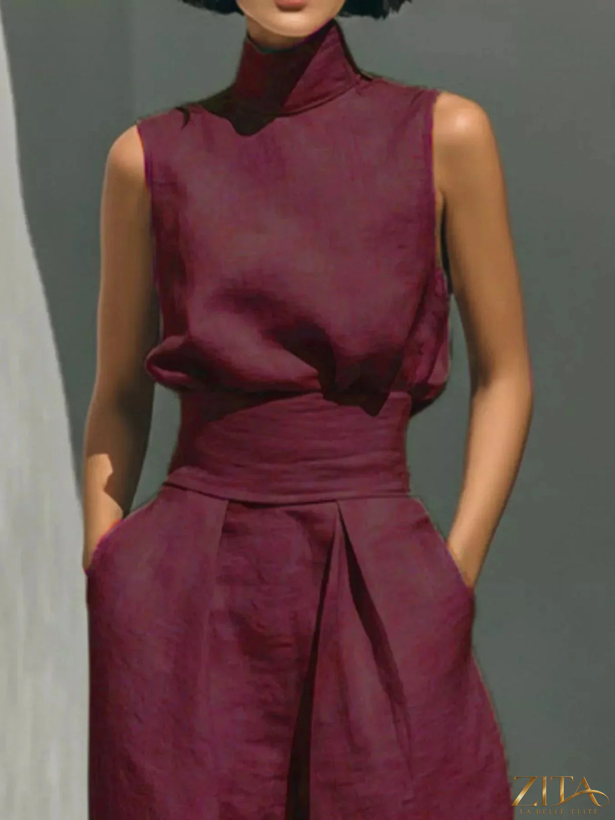Plus size Zita La Belle Elite sleeveless turtleneck top and wide-leg pants set, shown in a full-length view.