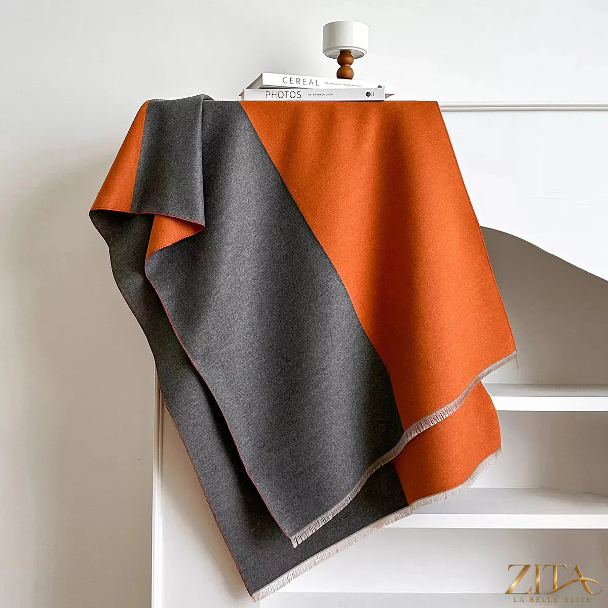 Two-tone raw hem scarf by Zita La Belle Elite featuring soft fabric and edgy raw edge design, displayed on a neutral background.