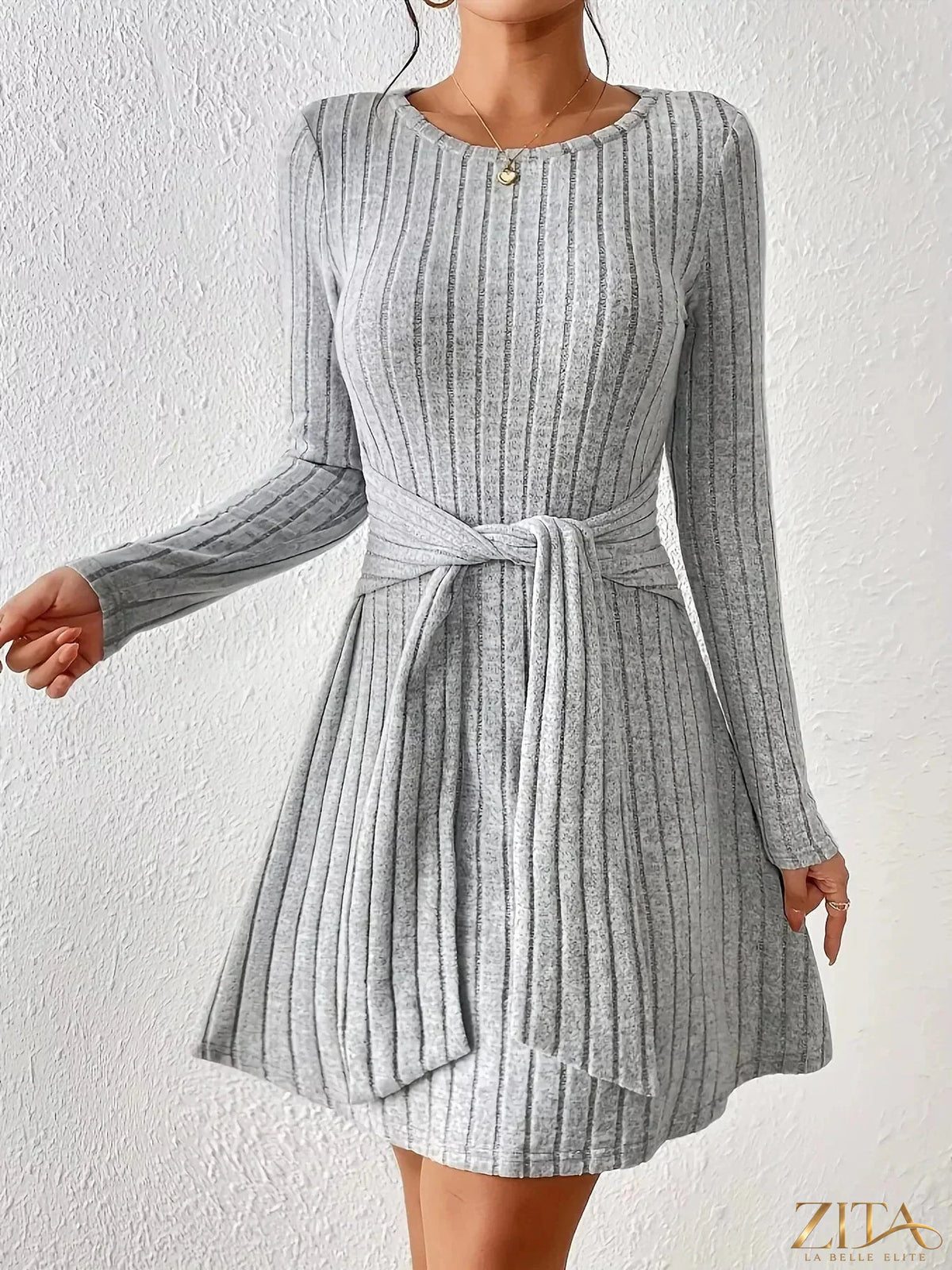 Ribbed knit tie waist long sleeve casual dress by Zita La Belle Elite, featuring a fitted silhouette and comfortable fabric.