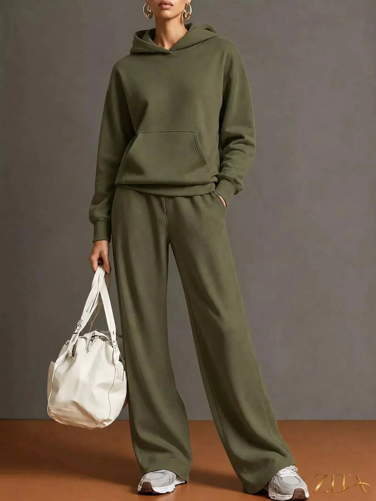 Zita La Belle Elite kangaroo pocket hoodie and matching pants two-piece set, cozy casual loungewear for women.