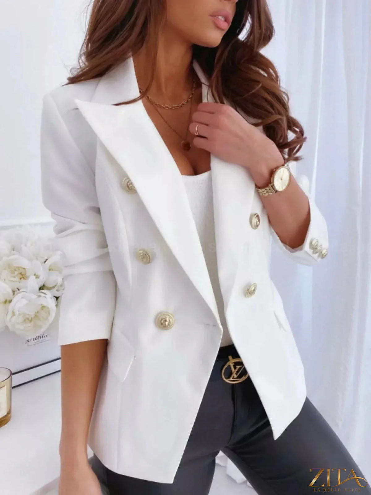Zita La Belle Elite double-breasted long sleeve blazer in dark fabric, tailored fit with lapel collar and button details.