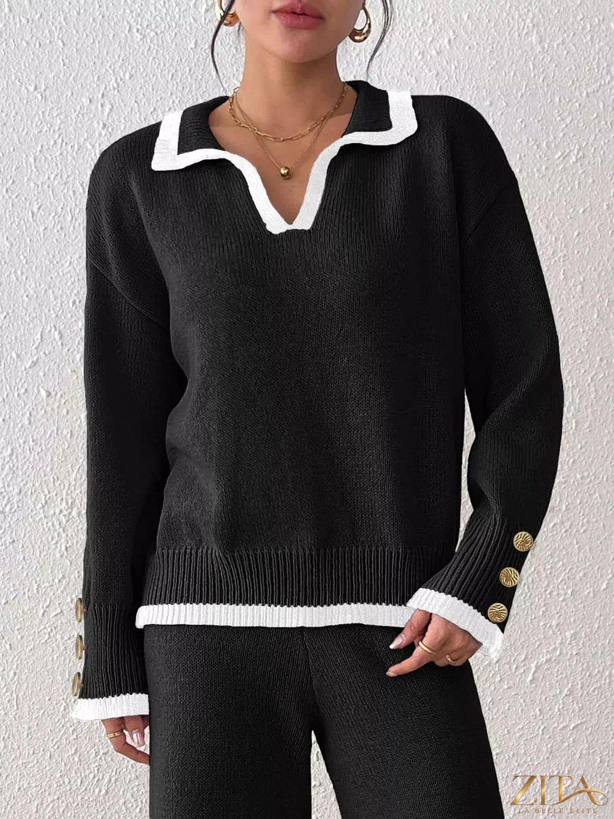 Zita La Belle Elite contrast trim polo collar sweater in navy and white, featuring a classic knit design and ribbed cuffs.