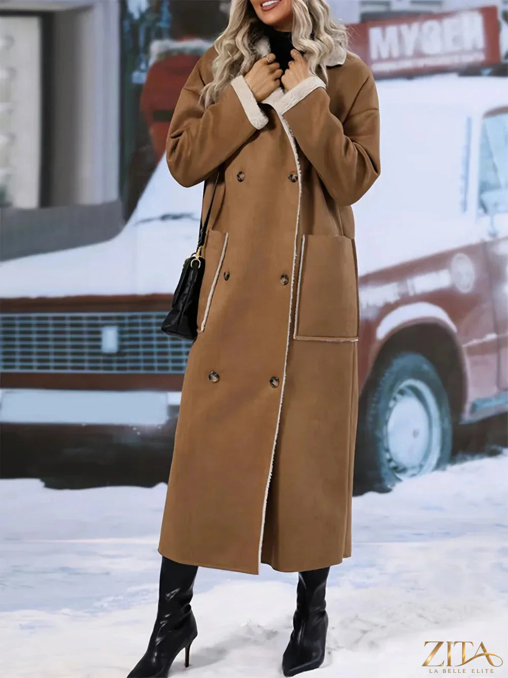 Plus size Zita La Belle Elite drop shoulder sherpa longline coat with plush fabric and relaxed fit, shown from the front.