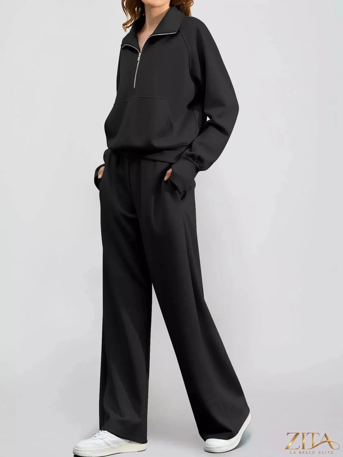 Zita La Belle Elite half-zip sweatshirt and wide-leg pants set, in soft fabric with a relaxed fit, shown on a model.