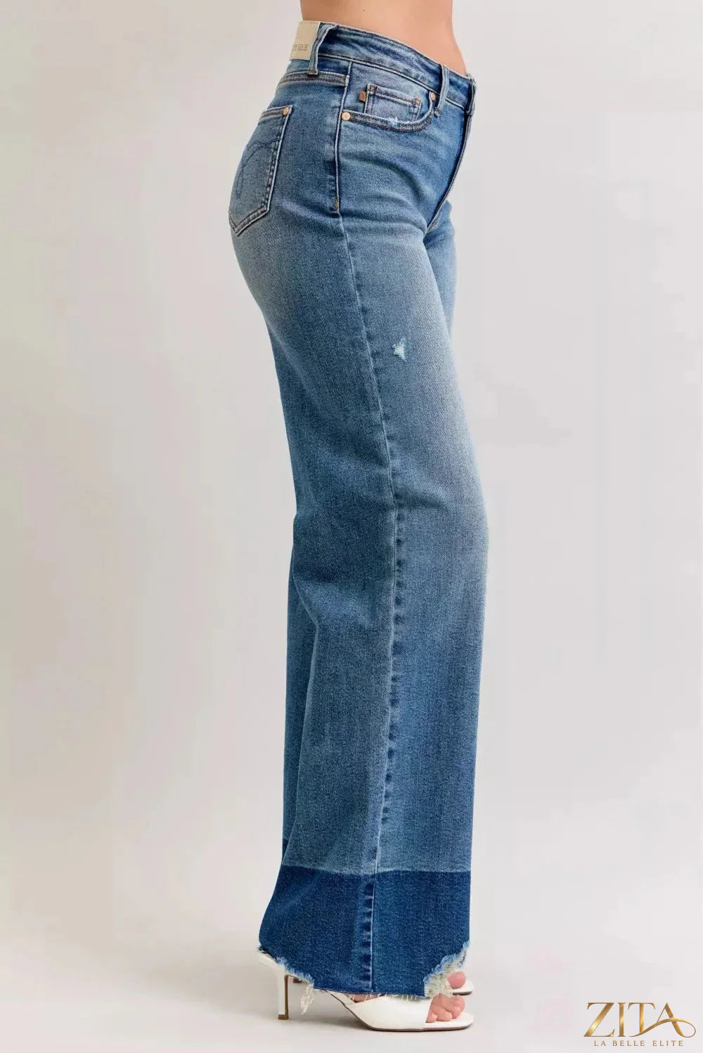 Zita La Belle Elite Judy Blue raw hem high waist column straight jeans displayed on a model, showcasing their stylish fit and design.