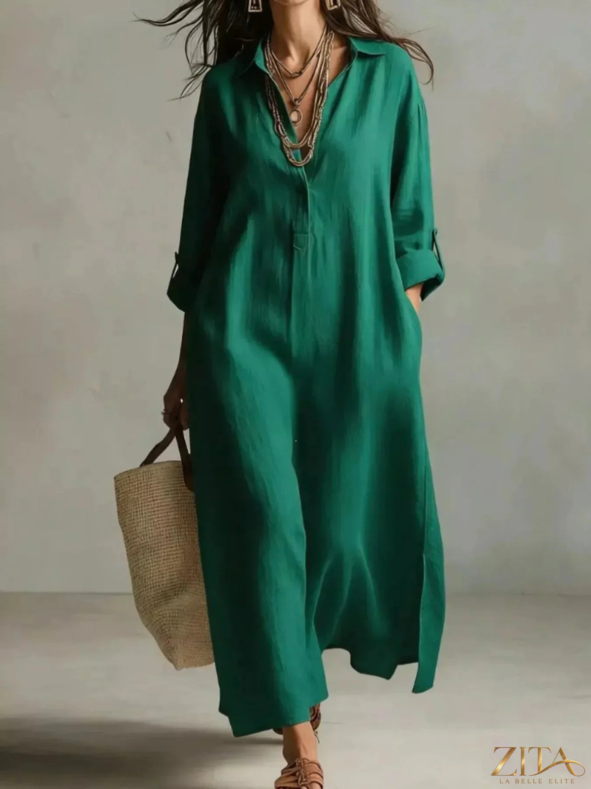 Plus size Zita La Belle Elite casual midi shirt dress with a relaxed fit and button-down front, shown on a model.