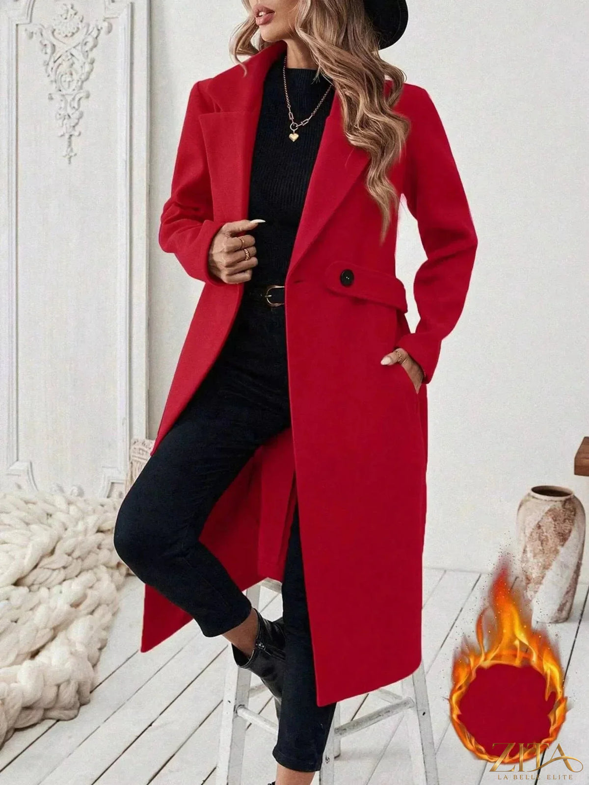 Zita La Belle Elite single-button longline coat in neutral color, shown hanging open with collar and sleek design.