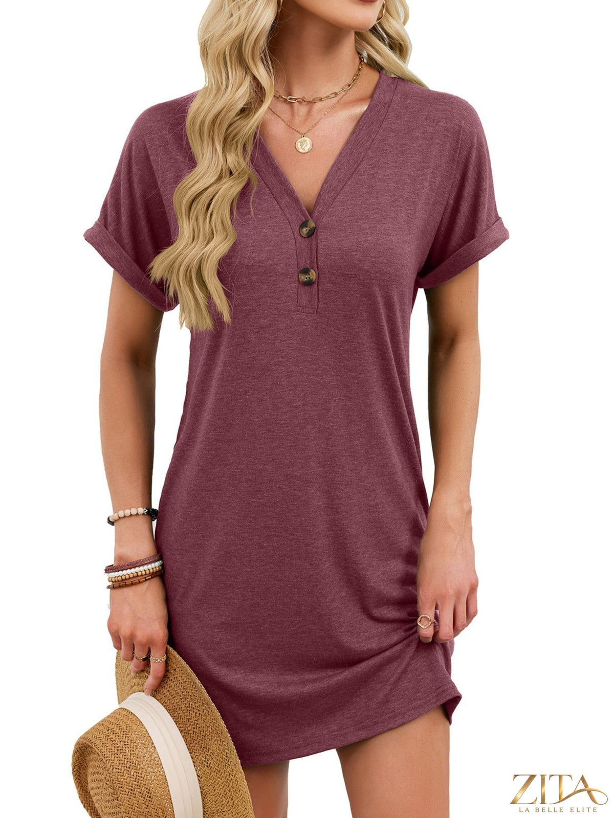 Zita La Belle Elite casual V-neck short sleeve T-shirt dress in soft fabric, shown in a relaxed fit style.
