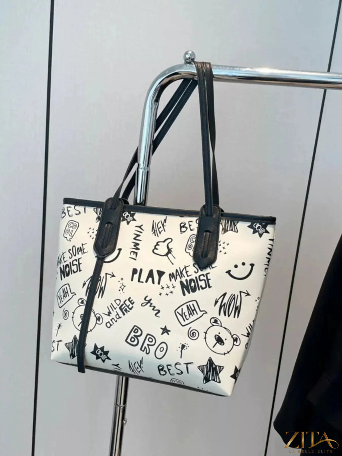 Zita La Belle Elite graffiti print casual tote bag with colorful urban artwork and sturdy black handles on a white background.