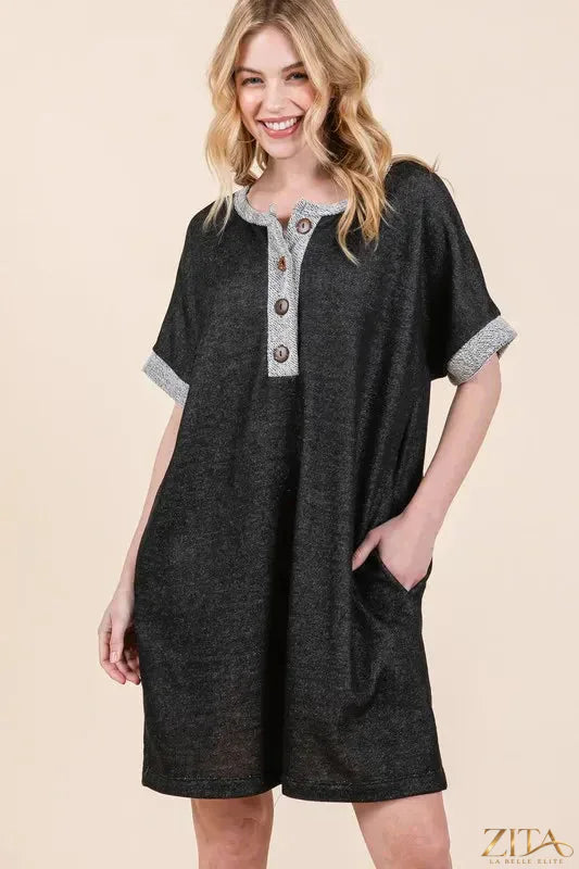 Zita La Belle Elite casual contrast trim Henley dress in soft fabric with button neckline and fitted silhouette.