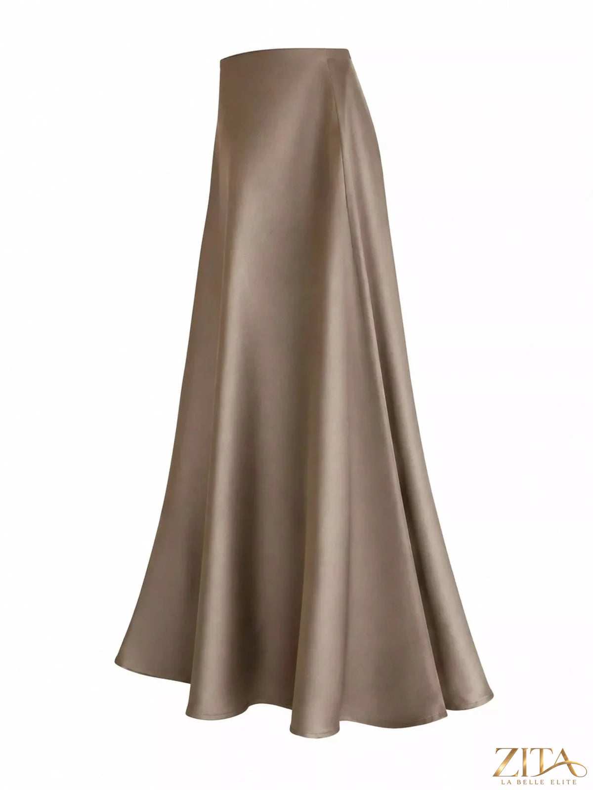 Plus size high-waisted satin midi skirt by Trendsi, featuring a smooth, shiny fabric and elegant mid-length design.