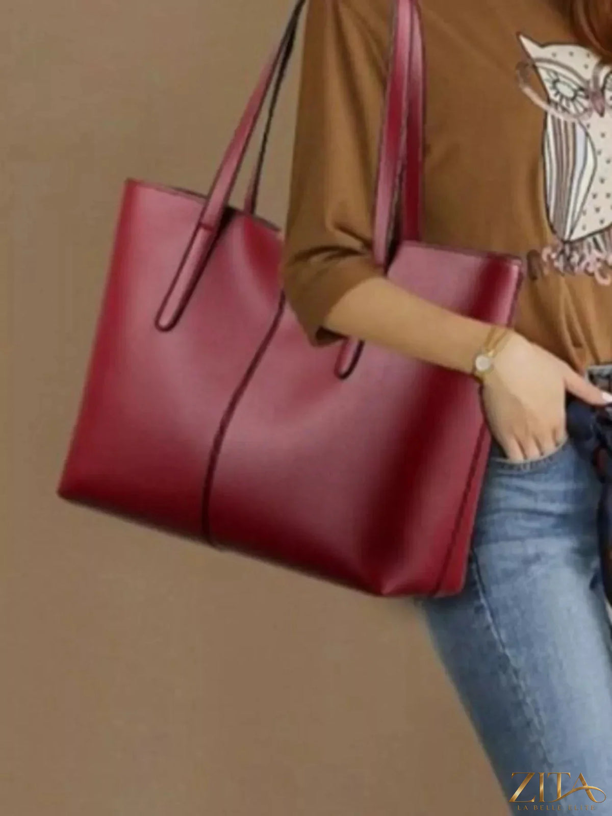 Zita La Belle Elite PU leather tote bag with double handles and spacious interior, stylish and durable for everyday use.