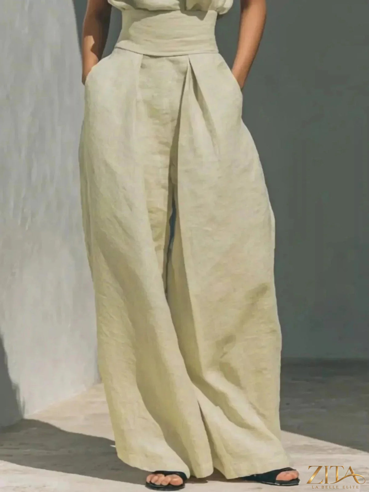 Plus size Zita La Belle Elite sleeveless turtleneck top and wide leg pants set, stylish and comfortable clothing ensemble.