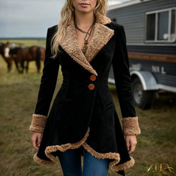 Women’s thick fleece fur-lined winter coat by Zita La Belle Elite, shown with a plush fur collar and cozy fleece interior.