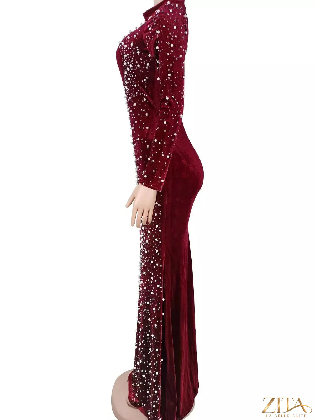 Rhinestone embellished velvet mermaid evening maxi dress by Zita La Belle Elite, featuring a fitted silhouette and luxurious fabric.