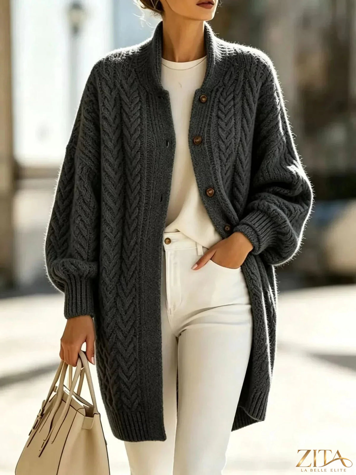 Plus size Zita La Belle Elite cable-knit button-down cardigan, full size, featuring a cozy, textured knit pattern and front buttons.