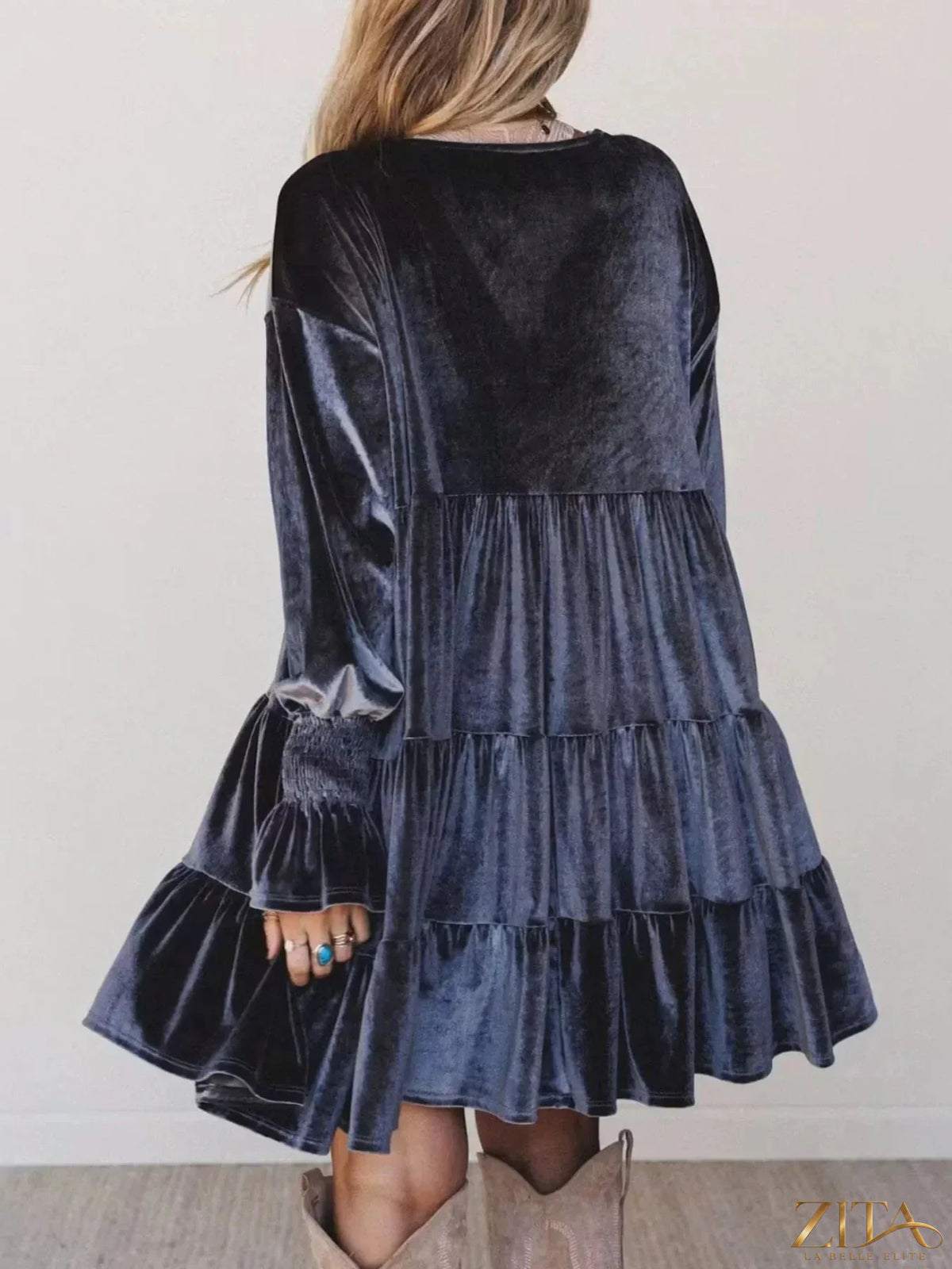 Velvet tiered mini dress with balloon sleeves by Zita La Belle Elite, featuring a stylish and elegant design.