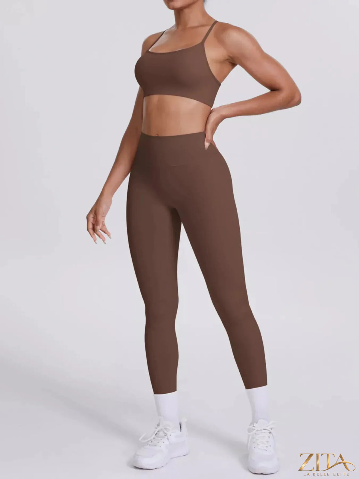 Zita La Belle Elite criss-cross back active camisole and matching leggings set on a model, perfect for workout and yoga sessions.
