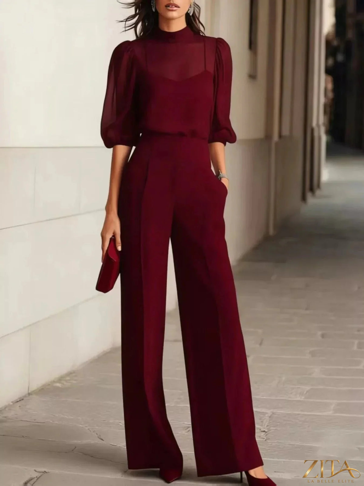 Zita La Belle Elite mock neck puff sleeve top and wide-leg pants set shown in a stylish, coordinated outfit on a model.
