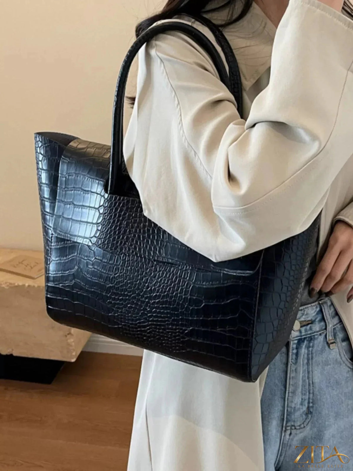 Crocodile embossed tote bag by Zita La Belle Elite with structured design and top handles, showcasing textured faux leather exterior.