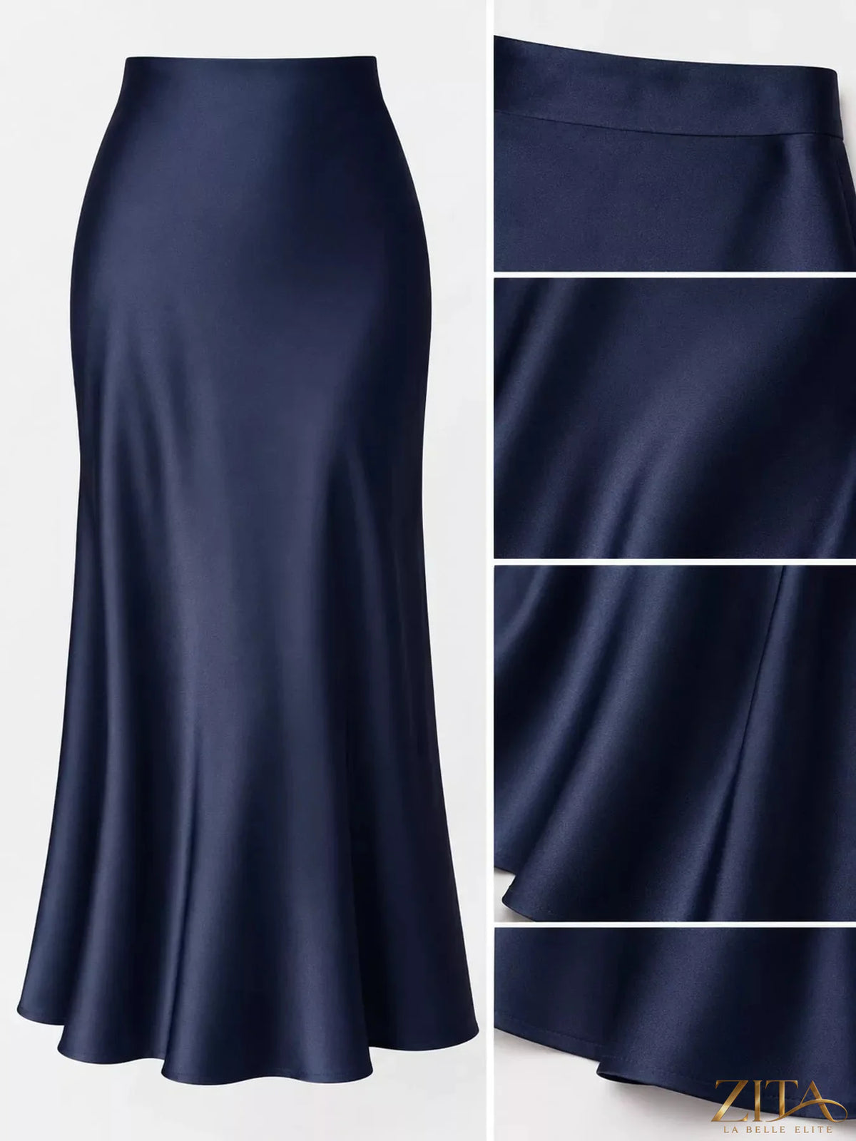 High-waisted satin midi skirt by Trendsi, featuring smooth fabric and elegant length, showcased on a neutral background.