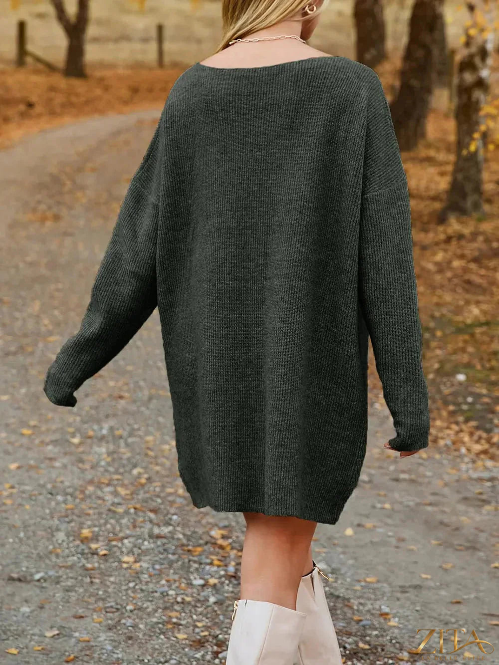 Zita La Belle Elite V-neck dropped shoulder sweater dress in soft knit fabric, featuring a relaxed fit and long sleeves.