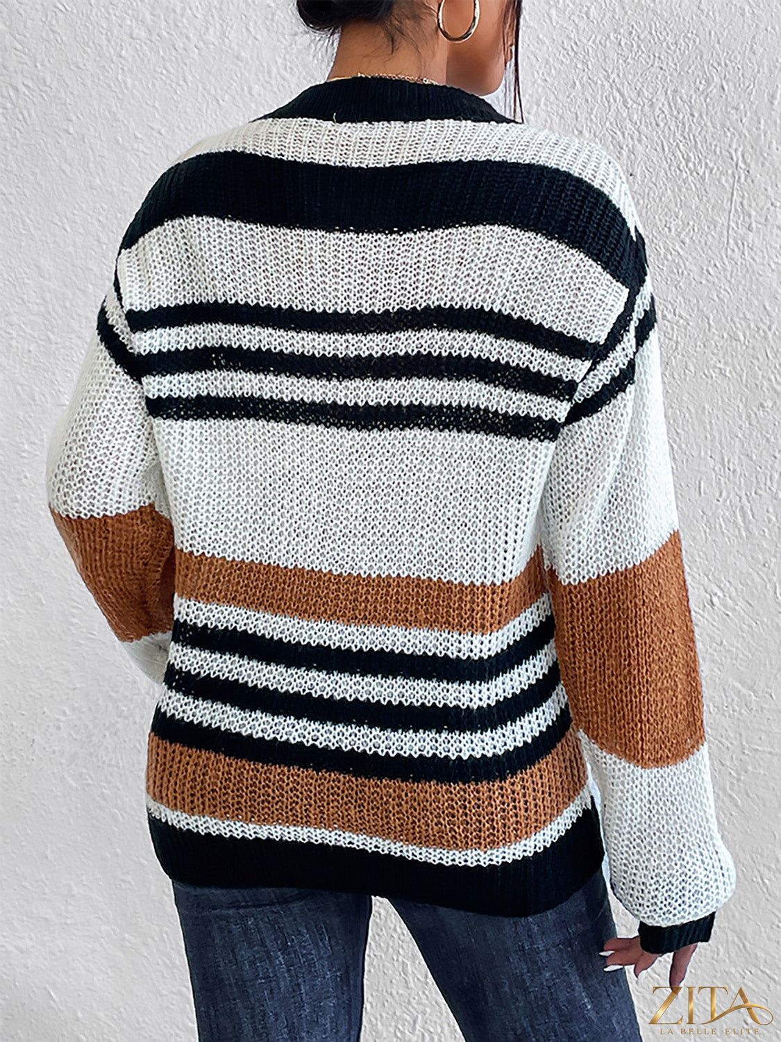 Zita La Belle Elite striped round neck sweater with multicolored horizontal stripes and cozy knit fabric.