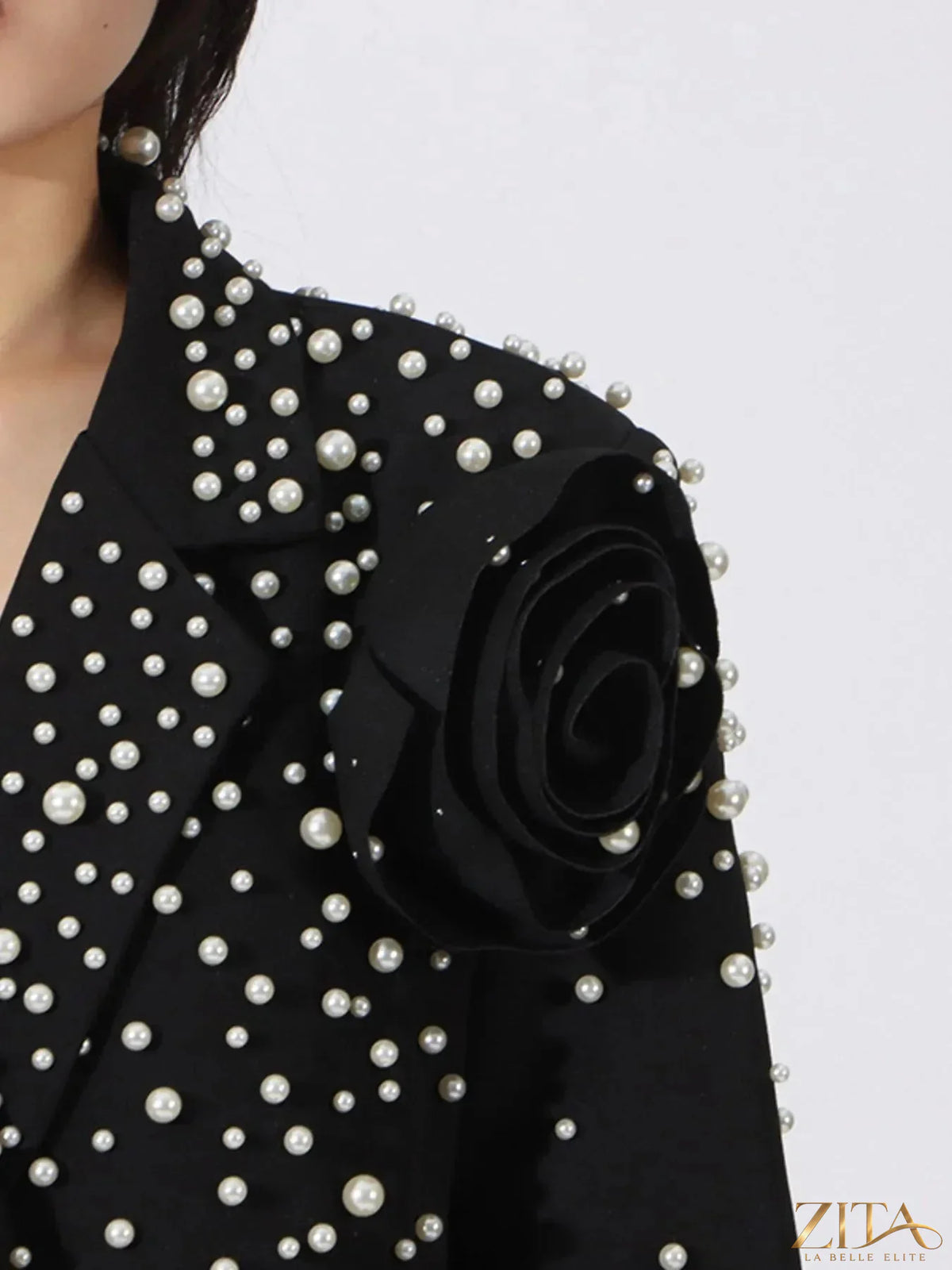 Pearl-embellished double-breasted blazer by Trendsi, featuring classic tailored fit, lapel collar, and pearl accents.
