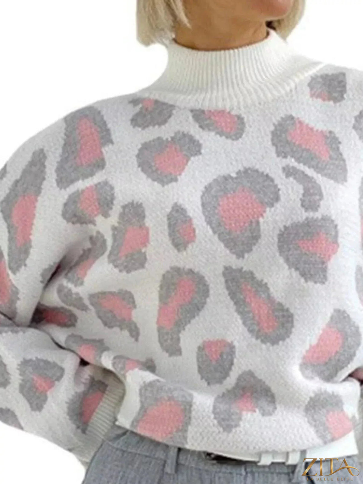 Zita La Belle Elite leopard high neck sweater with a fitted silhouette and bold animal print design.