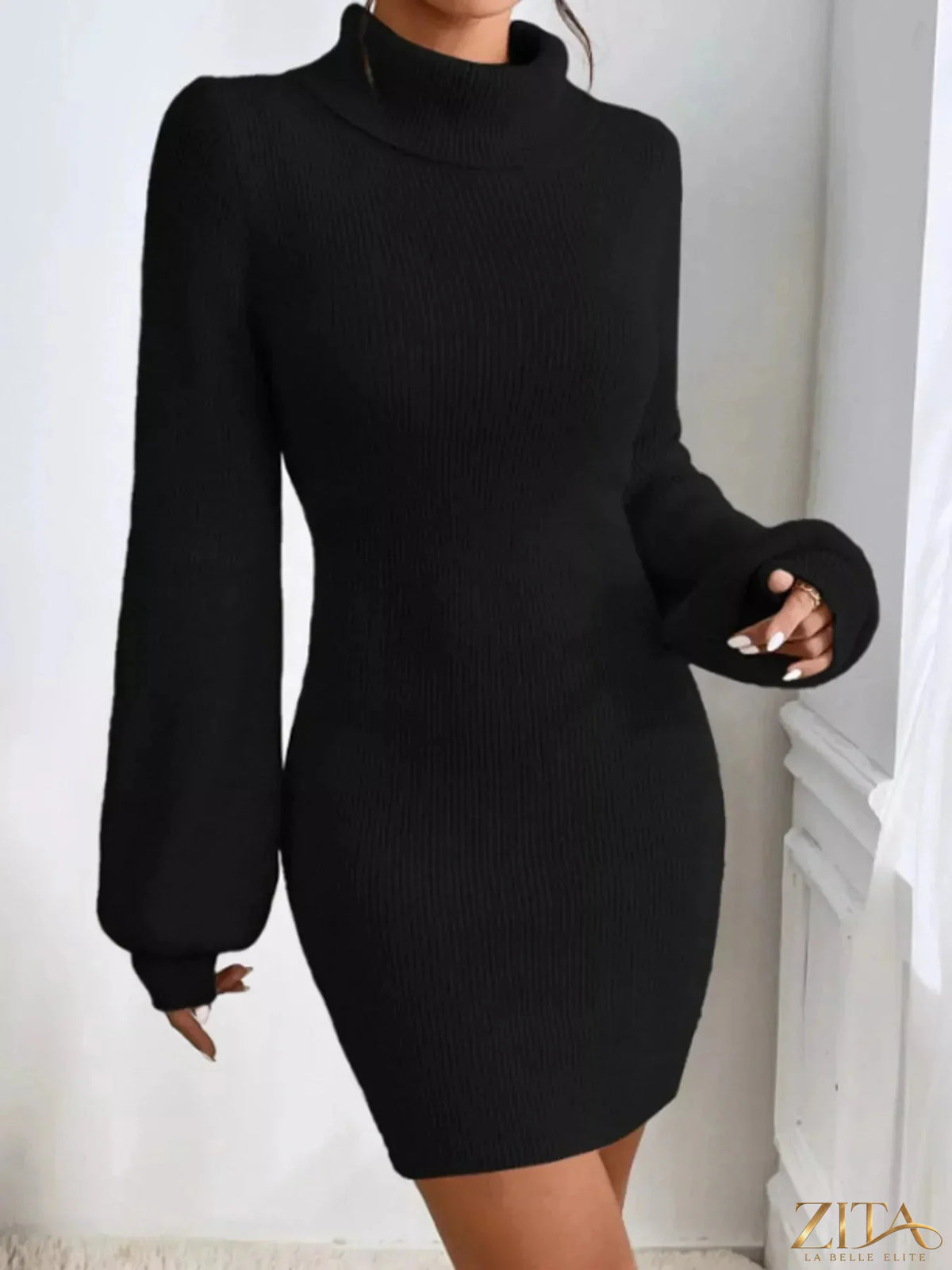 Ribbed knit turtleneck sweater dress by Trendsi, featuring a fitted silhouette and long sleeves on a model.