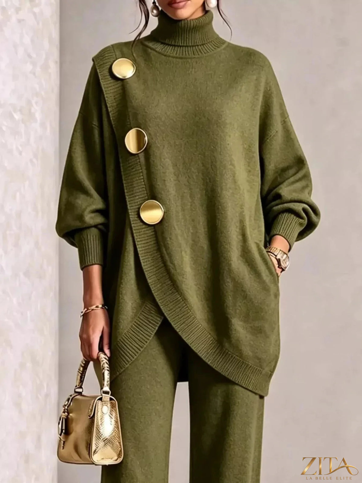 Gold button accent turtleneck sweater and matching pants set by Trendsi, featuring a cozy knit fabric and stylish gold button details.