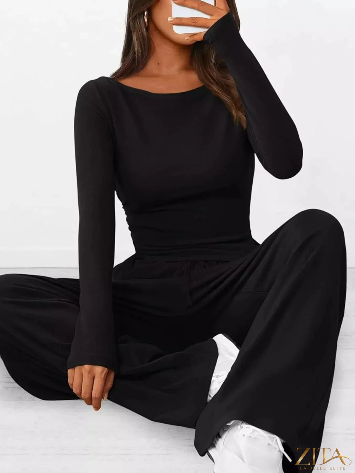 Zita La Belle Elite long sleeve top and wide leg pants set in soft fabric, styled for a casual elegant look.