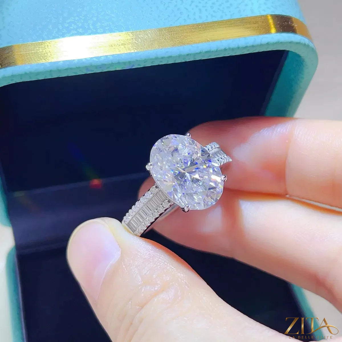 Sterling silver moissanite ring with 8-carat center stone, featuring a sparkling, elegant design for special occasions.