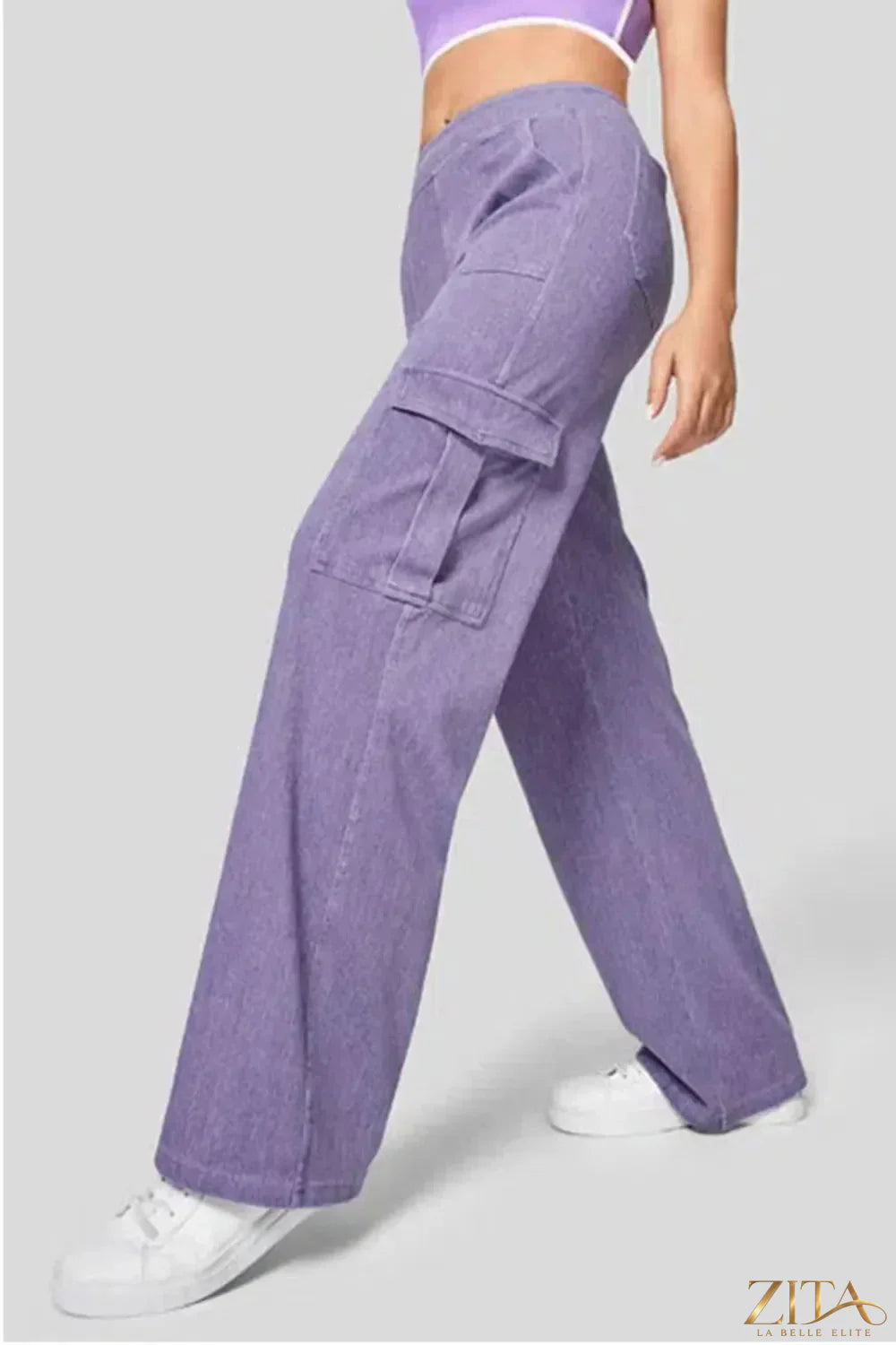 Zita La Belle Elite high waist straight leg cargo jeans in denim, featuring multiple pockets and classic style.
