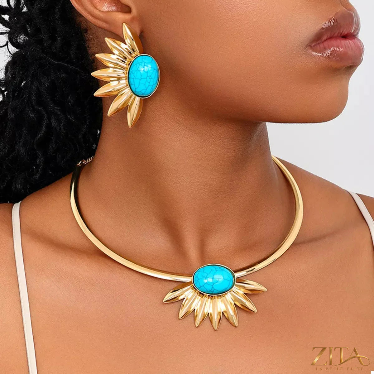Turquoise sunflower necklace and earrings jewelry set featuring vibrant turquoise stones and floral design, by Trendsi.