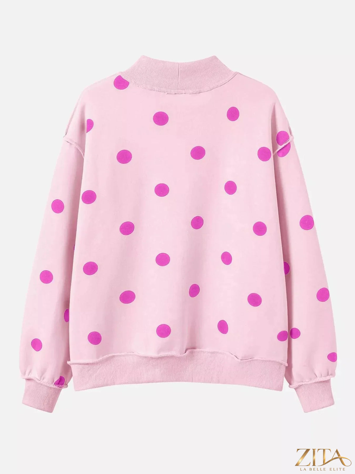 Zita La Belle Elite polka dot mock neck oversized sweatshirt with long sleeves and relaxed fit, featuring a stylish polka dot pattern.