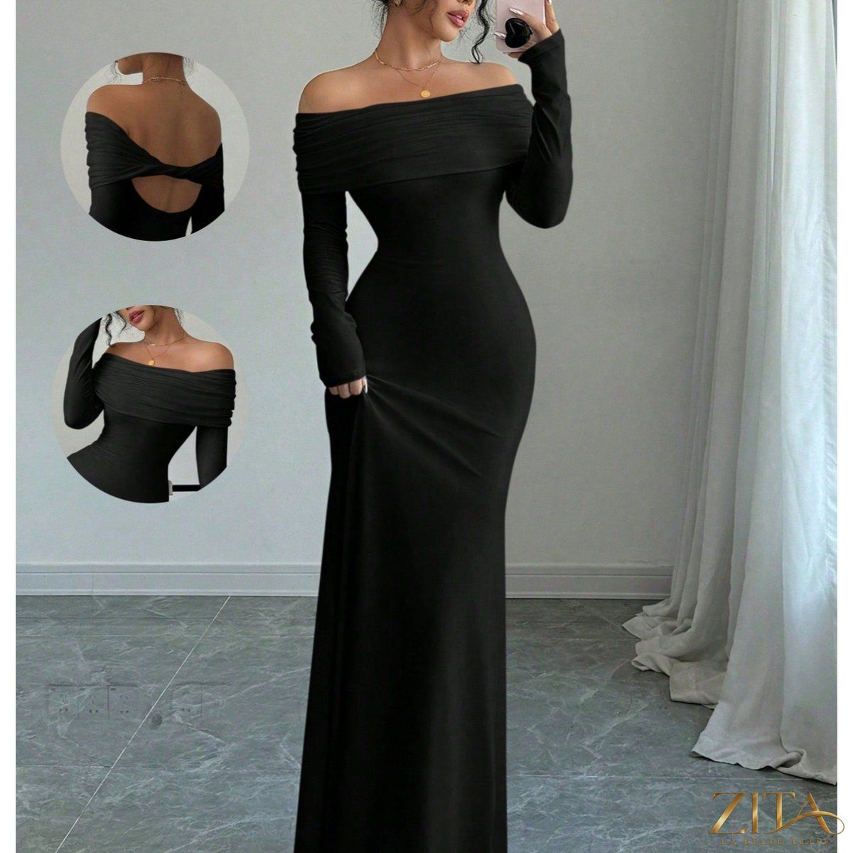 Elegant off-shoulder midi evening gown by Zita La Belle Elite, featuring flowing fabric and sophisticated design for women.