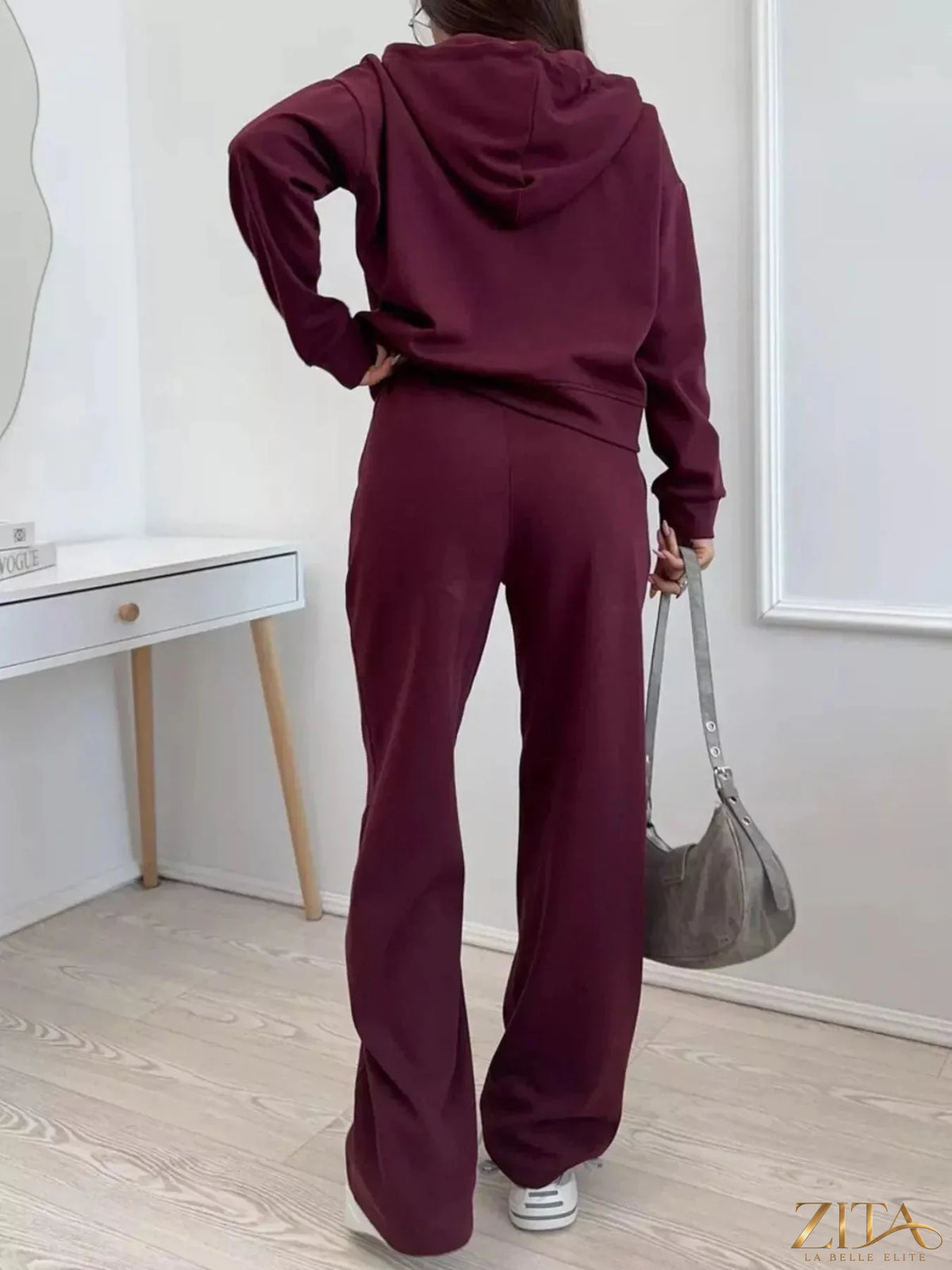 Zita La Belle Elite zip-up hoodie and wide-leg pants set, stylish casual loungewear outfit, soft fabric and modern design