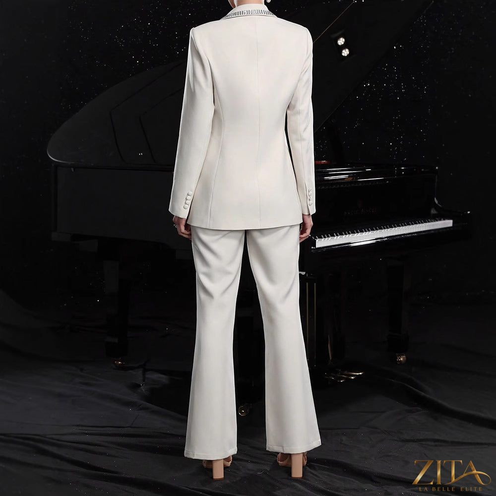 Women's Zita La Belle Elite hollow-out long-sleeve suit jacket and pants set, stylish and elegant for formal or office wear.