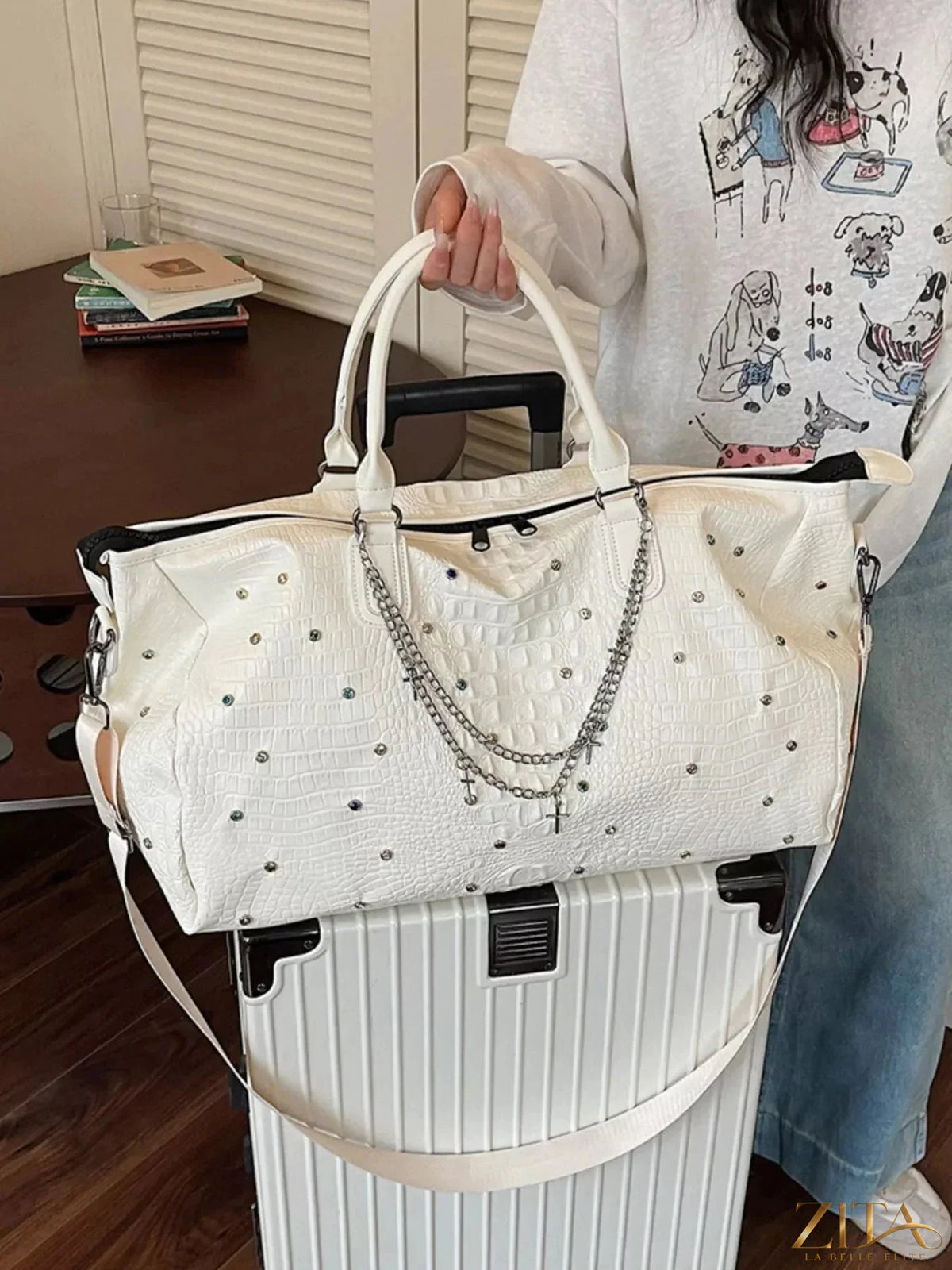 Zita La Belle Elite studded large capacity travel bag with multiple compartments and sturdy handles, ideal for extended trips.