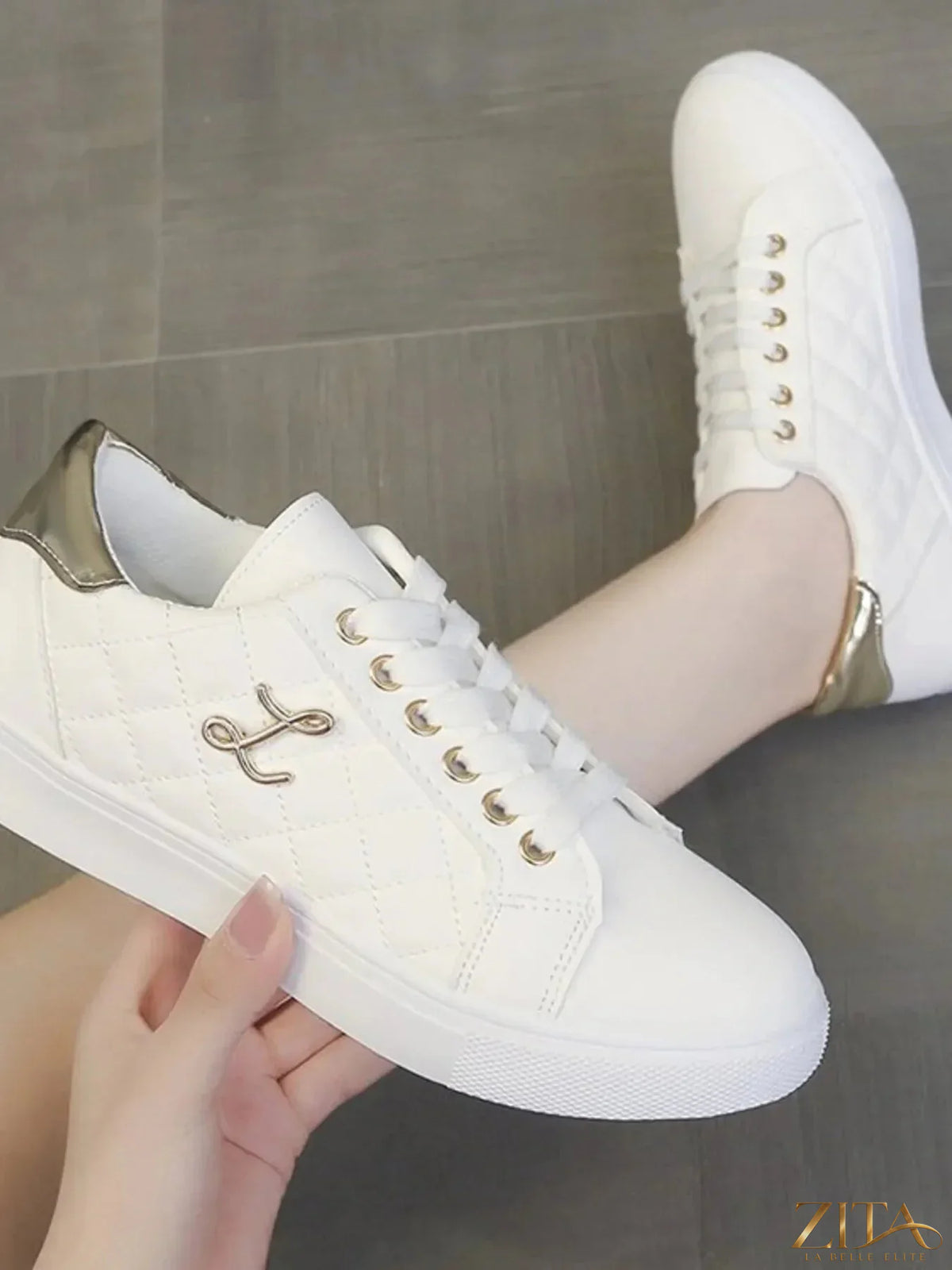 Zita La Belle Elite quilted platform sneakers with metallic gold accents, stylish footwear with cushioned sole and trendy design.